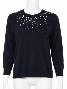 Warehouse Navy Blue Embellished Pearl Rhinestone Crewneck Knit Sweater Size US12
